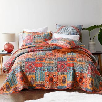 OEM Colcha Bohemia De Patchwork De Algod&oacute;n De 240x260 Cm + 2 Fundas De Almohada, Edred&oacute;n Grande Naranja Unisex