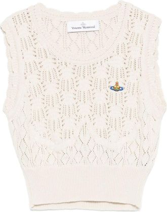 Vivienne Westwood Cream Openwork Knit Logo Sleeveless Top