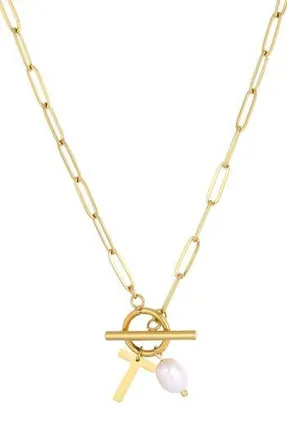 Adornia 18K Gold Plated Pearl & Initial Toggle Pendant Necklace in White/Gold-T at Nordstrom Rack
