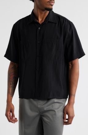 Open Edit Resort Boxy Short Sleeve Button-Up Shirt in Black at Nordstrom, Size X-Small