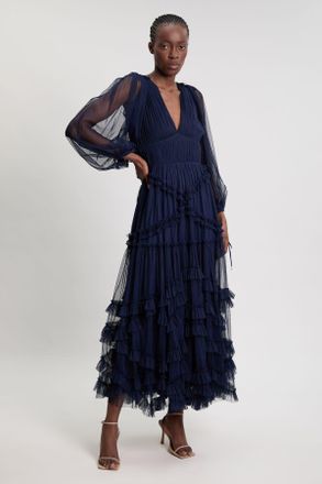 Karen Millen Womens Tulle Layered Long Sleeve Maxi Dress - Navy