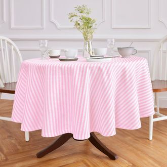 Solino Home Linen Round Tablecloth for Dining Table, Holiday and Everyday Table Decor - Amalfi Stripe in Cherry Blossom And White at Nordstrom, Size