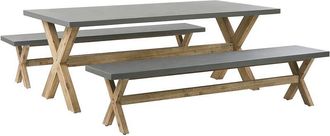 Beliani Conjunto De Comedor Para Jard&iacute;n De Cemento Reforzado Gris Con Patas De Madera De Acacia Para 8 Personas Mesa Con 2 Bancos Olbia