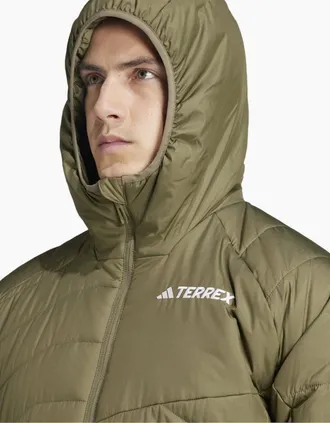 adidas Mens Hooded Adjustable Drawstring Zipped Pocket Solid Patterned Puffer Jacket - Green - Size: 40/Regular