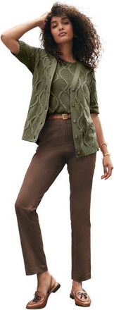 Jessica London Elbow Sleeve Cable Cardigan in Dark Olive Green at Nordstrom, Size 12