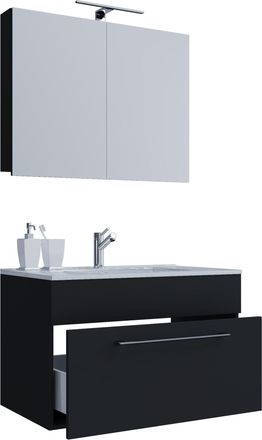ebuy24 Ebuy24 - Vcm 3 Pcs Lavabo Lavabo Inferior Gabinete Ancho 60 Cm Juego De Muebles De Ba&ntilde;o Colgando Con Un Caj&oacute;n Espejo Gabinete Badinos (negro)