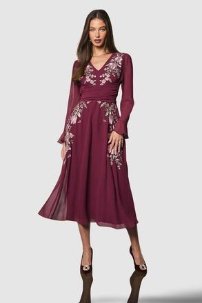 Coast Wrap Waist Embroidered Midi Dress in Wine at Nordstrom, Size 10