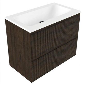 Saniclass Holz Atelier Badkamermeubelset - 80x45x77.5cm - Torino solid surface wastafel wit - zonder kraangat - 2 lades - mat eiken charcoal (hout)