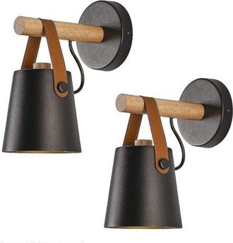 OEM Juego De 2 Apliques De Pared Modernos E27 De Hierro Forjado Con Detalles De Madera, Estilo Industrial (bombilla No Incluida), Color Negro