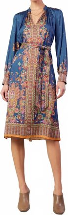 Current Air Border Print Long Sleeve Dress And Sash In Navy