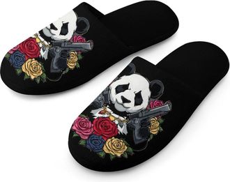 Generic Panda with Guns Mens Slippers Warm Non-Slip Houes Shose Spa Slipper for Home Bedroom