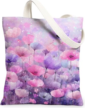 Generic Spring Floral Canvas Tote Bags, Beautiful Flower Print Reusable Grocery Bags, Lightweight Washable Shoulder Strap Canvas Fo, Violet, 13x15 Inch