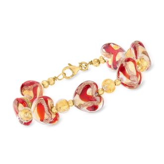 Ross-Simons Italian Multicolored Murano Glass Heart Bracelet in 18kt Gold Over Sterling
