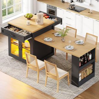 Merax Kitchen Island with LED, Drawers & Extendable Dining Table in Black
