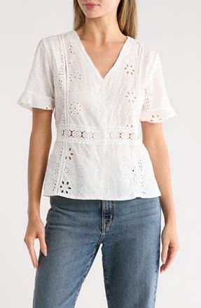 Forgotten Grace V-Neck Short Sleeve Embroidered Top in White at Nordstrom Rack, Size Small