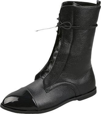 Generic Womens Mid Calf Boots British Style Casual Lace Up Ankle Boots Low Heel Slip On Comfortable Shoes for Daily Wear Retro Boots(Black, 5.5)