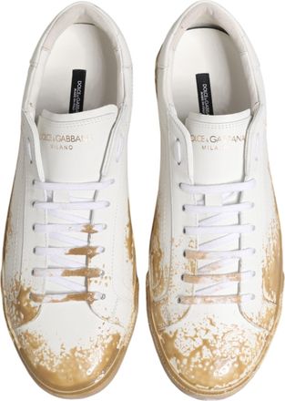 Dolce & Gabbana Mens White Leather Paint Effect Low Top Sneakers Shoes