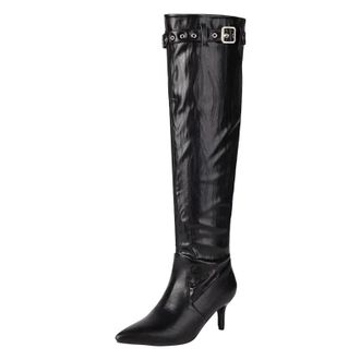 Generic Womens Sexy Knee High Dress Boots Pointed Toe High Square Heel Slip On With Pleated Shaft And Buckle Detail