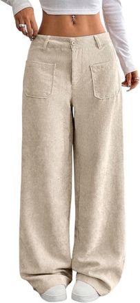 Generic Corduroy Straight Leg Pants for Women Elastic Trousers Trendy Loose Casual Pants with Pockets Beige