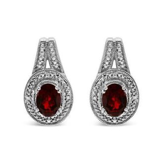 House of Brilliance Silver Diamond Accent and 8x6mm Red Oval Garnet Stud Earrings in White at Nordstrom