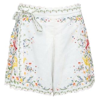 Zimmermann Carnaby white linen cotton phoenix embroidery scallop shorts US2 S2