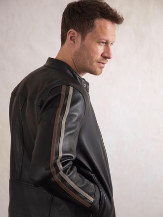 Lakeland Leather Mens Morton Contrast Stripe Biker Jacket in Black - Size 42 (Chest)