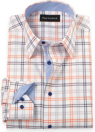 Paul Fredrick Tailored Fit Travel Cotton Blend Check Dress Shirt With Contrast Trim