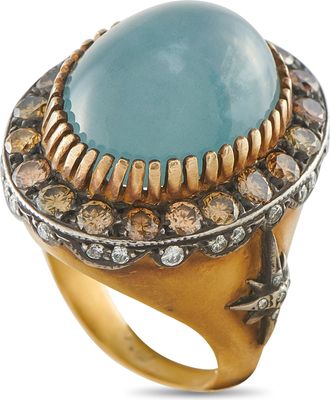 Sara Weinstock 18K Yellow Gold and Silver Diamond and Aqua Cats Eye Ring SW25-100726