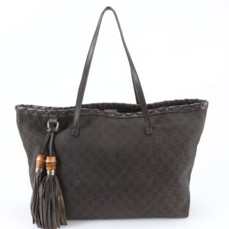 Gucci Brown Leather Canvas Shoulder Bag Tote Bag (Pre-Owned)