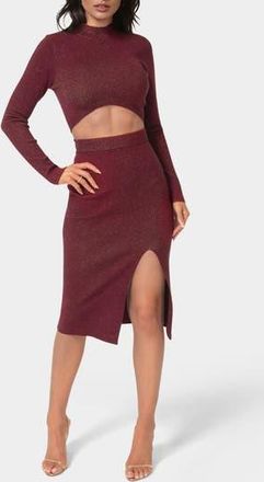 Bebe Lurex Rib Knit Long Sleeve Top & Skirt Set in Merlot at Nordstrom Rack, Size X-Small
