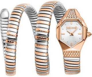 Just Cavalli Snake Wraparound Bracelet Watch, 22mm x 34.5mm in Two Tone Silver/Rose Gold at Nordstrom Rack