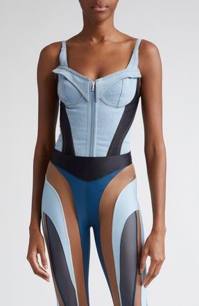 MUGLER Stretch Denim & Jersey Corset Bodysuit in Light Blue /Black at Nordstrom, Size 6 Us