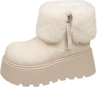 Generic Women Winter Plush Versatile Snow Boots Small and Thick with Sponge Cake Botto Increased Height and Anti Cold Short Boots (Beige,6.5)
