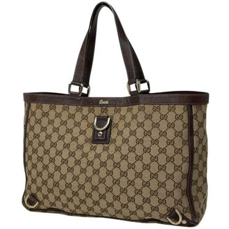 Gucci Beige Brown Gg Canvas Leather Shoulder Bag Tote Bag (Pre-Owned)