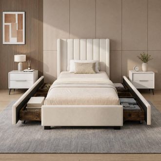 Merax 3ft Single Upholstered Storage Bed with Wingback Headboard & 4 Drawers in Beige