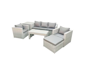 Fimous Rattan Garden Furniture Set 6 Pieces Outdoor Garden Sofa Oblong Coffee Table Set with 2 Chairs Side Tabe Stool Light Grey Mixed