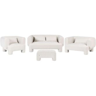Beliani Living Room Set White Fabric Soft Curved 3 Seater Sofa Loveseat Armchair Ottoman Retro Minimalist HOGBO