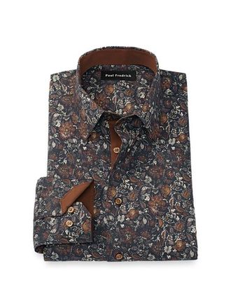 Paul Fredrick Comfort Stretch Non-iron Floral Dress Shirt With Contrast Trim in Brown Multi at Nordstrom, Size 16 - 34
