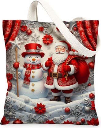 Generic Christmas Snow Man Canvas Tote Bags, Floral Pattern Reusable Grocery Bags, Winter Lightweight Washable Shoulder Strap, Red, 13x15 Inch