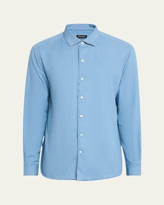 Ermenegildo Zegna Mens Cotton and Linen Denim Casual Button-Down Shirt