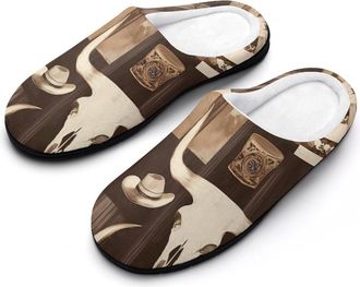 Generic Bull Skull Western Pattern Mens Soft Cotton Slippers with Memory Foam Anti-skid House Shoes for Travel Indoor Outdoor