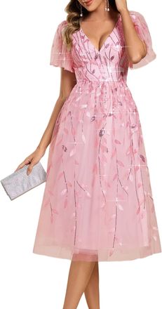 Ever-pretty Prom Dress Leaf Sequin Evening Dresses Short Sleeve Tulle Midi Wedding Guest Dress Pink 18UK