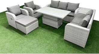 Fimous Pe Rattan Garden Furniture Set Reclining Chair Sofa Double Love Seat 2 Seater Sofa Lounge Set Adjustable Lifting Dining or Coffee Table Big Footstool