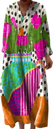 Generic Dresses for Women UK Plus Size Maxi Dresses for Women UK Blue Casual Holiday Sun Summer Dress Long Sleeve V-Neck Beach Plus Size Dress Linen Cotton Su