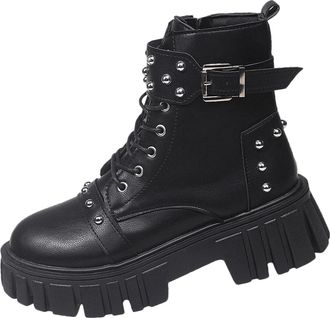 Generic Black Ladies Metal Lace Up Thick Sole Block Heel Boots for Fall and Winter Walking Footwear with Supportive Heel and Easy to Wear