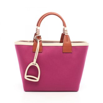 Herm&egrave;s Brown Purple Rose Purple White Canvas Leather Swift Leather Handbag Tote Bag (Pre-Owned)