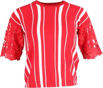 Maje Striped Lace Trim Crewneck T-Shirt in Red Viscose
