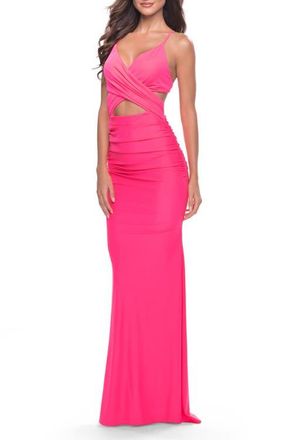 La Femme Cut Out Long Soft Jersey Dress with Criss Cross Bodice in Neon in Neon Pink at Nordstrom, Size 6
