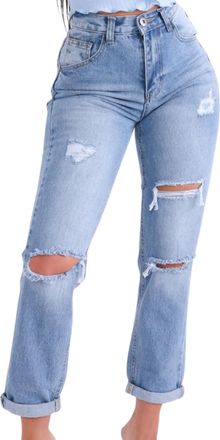 Femme Luxe Womens Jeans, Blue Mid Wash, Available UK Sizes 6-14, High Waisted, Ripped Distressed, Turn Up Hem, Denim (UK, Numeric, 12, Regular, Regular, Blue)