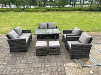 Fimous 8 Seater Outdoor Dark Grey High Back Rattan Sofa Dining Table Set Garden Furniture Love Sofa Chair 2Stools